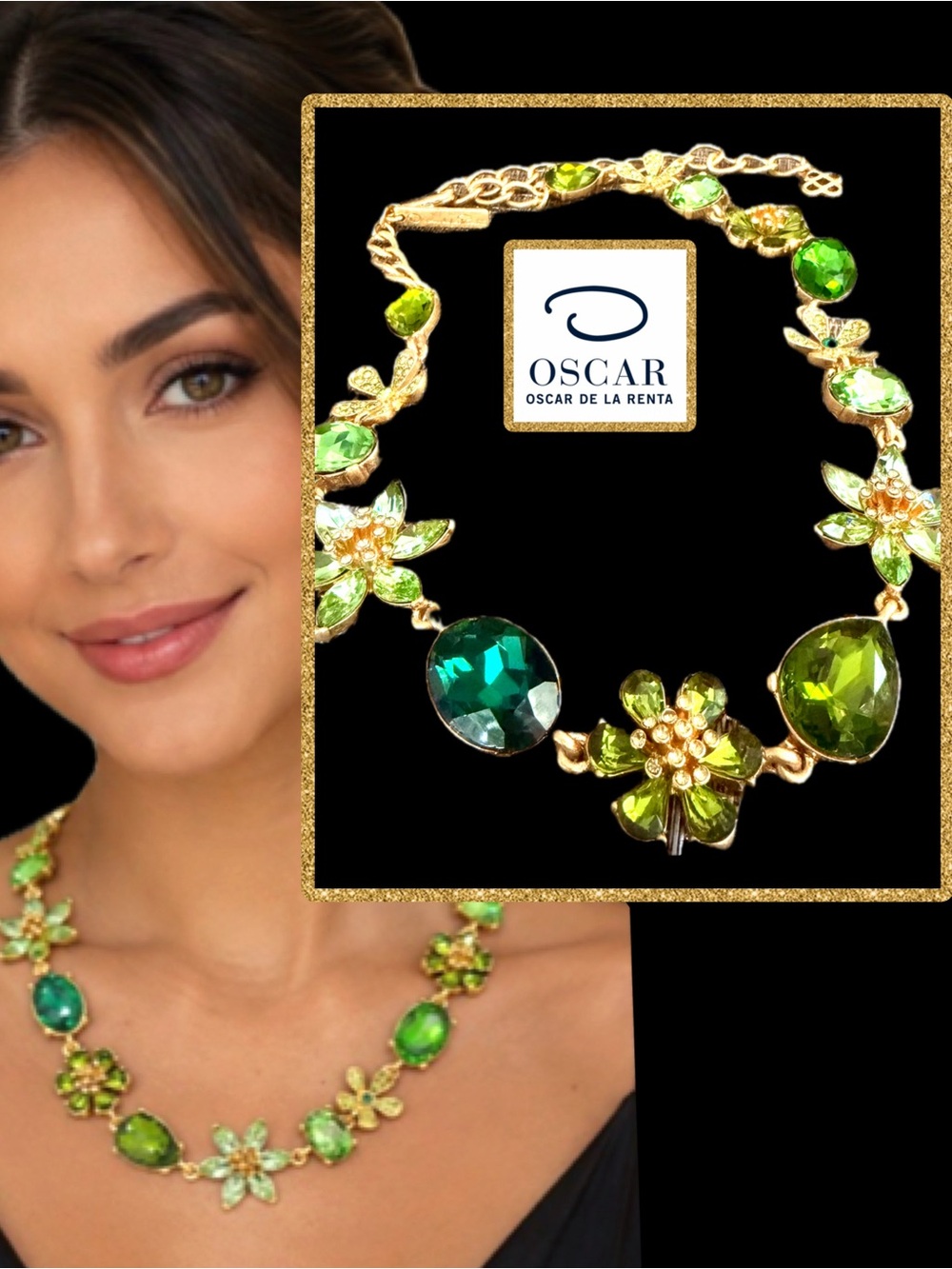 Oscar de la Renta Necklace✨Emerald Peridot Crystal Floral Romantic Design ✨Green